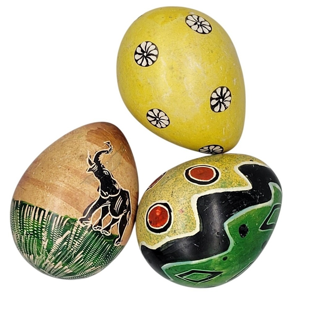 Lot of 3 Kisii‎ Soapstone Eggs Hand Painted ~ Kenya Elephant Baobab Tree